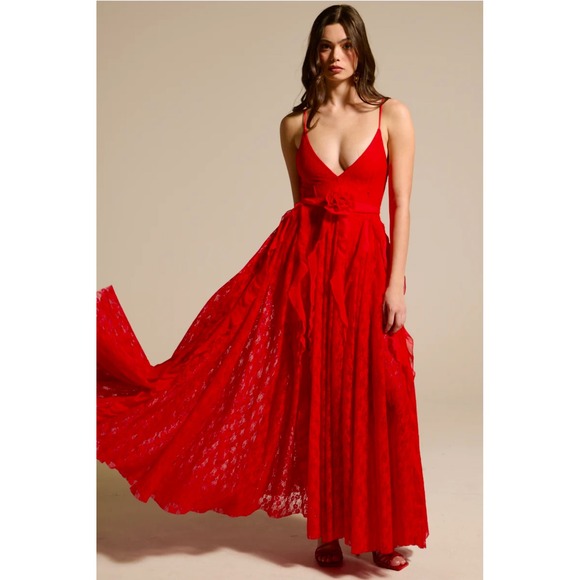 AKIRA Dresses & Skirts - Red Lace Maxi Prom Dress Deep V Ruffle Sash Necklace Tie Party Formal Sold Out